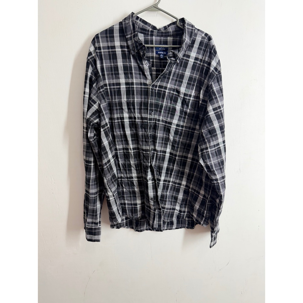 George Men 2XL Classic Fit Plaid Button Down Shirt Black Grey Long Sleeve Pocket